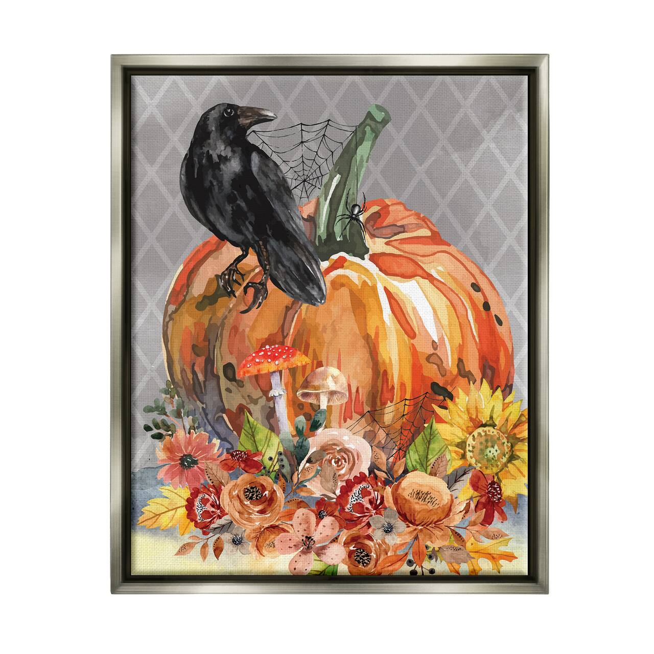 Stupell Industries Autumn Crow Pumpkin Botanicals Framed Floater Canvas Wall Art